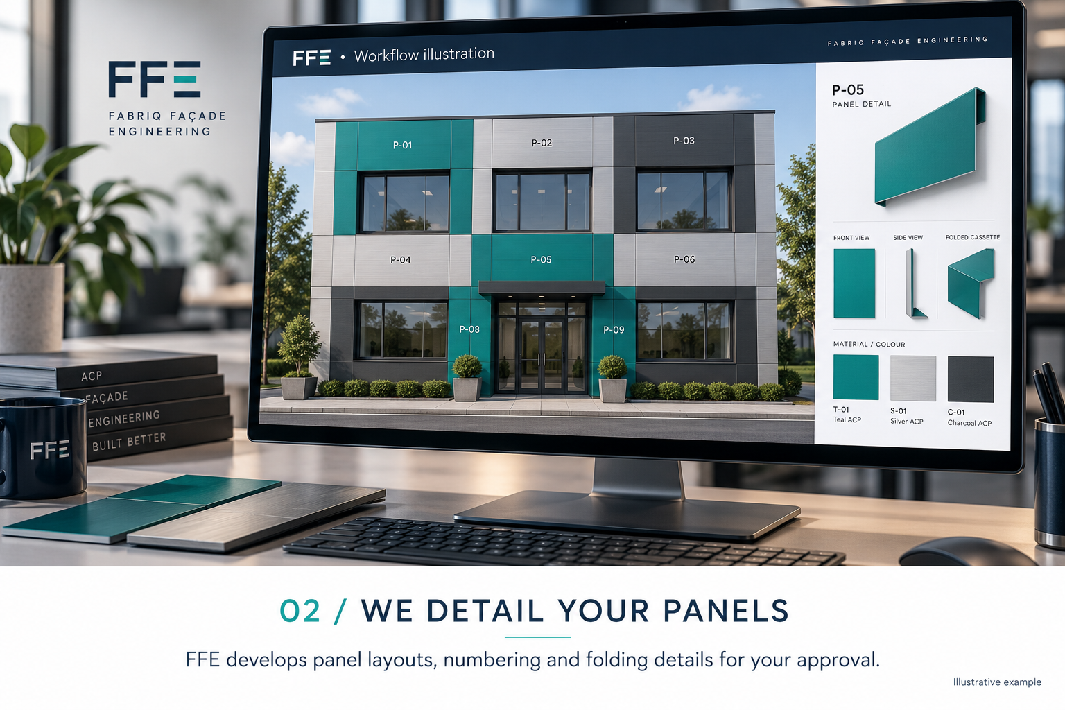 Illustrative FFE panel layout with numbered aluminium composite panels